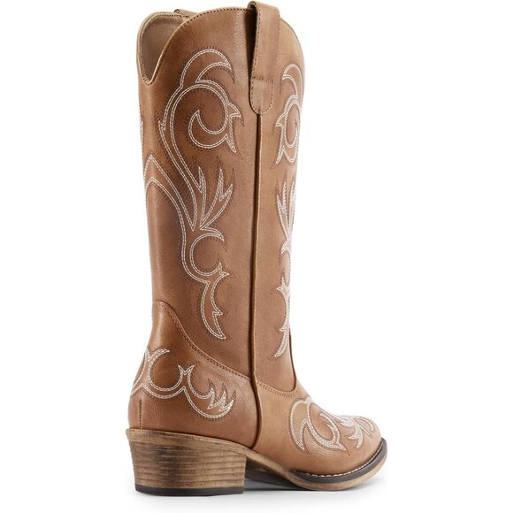 Dream Pairs Women's Tan Mid Calf Cowgirl Boots Square Toe Chunky Heel Shoes - Picture 4 of 8